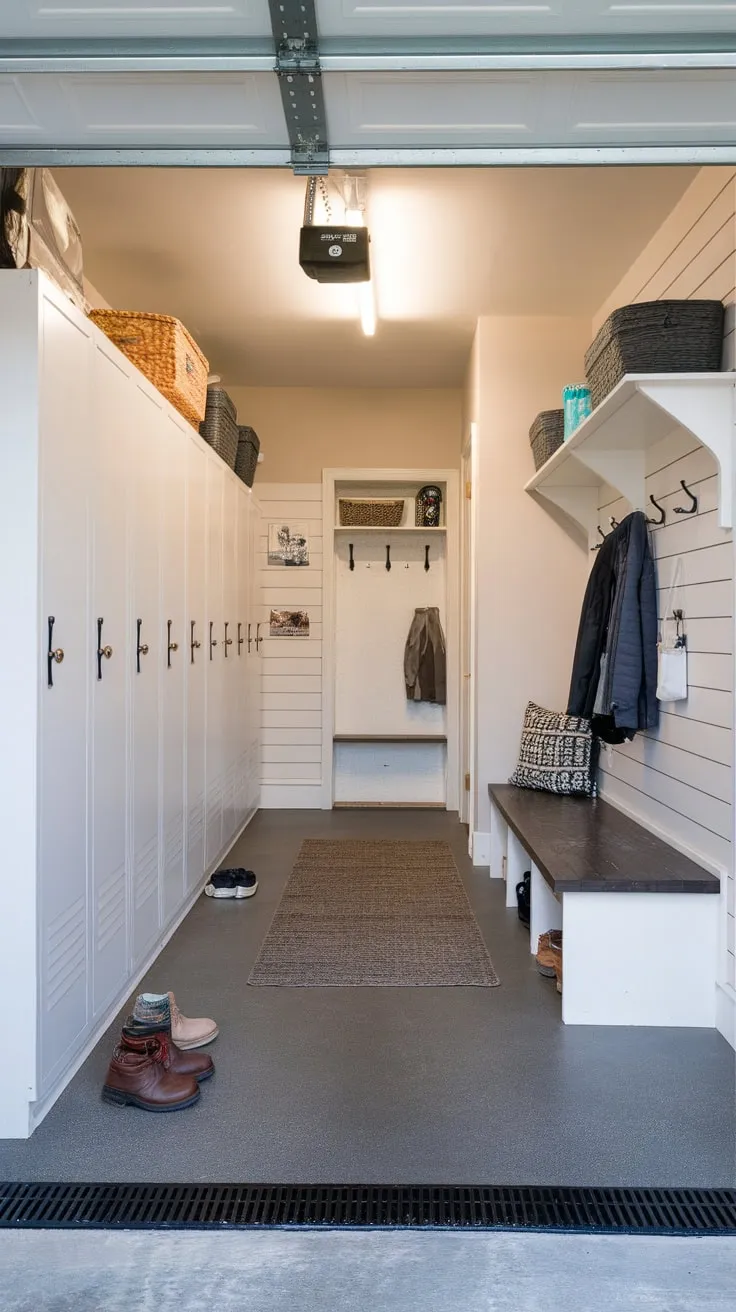 A bright, renovated garage entryway now boasts a practical mudroom complete with lockers, durable flooring, and ample storage.