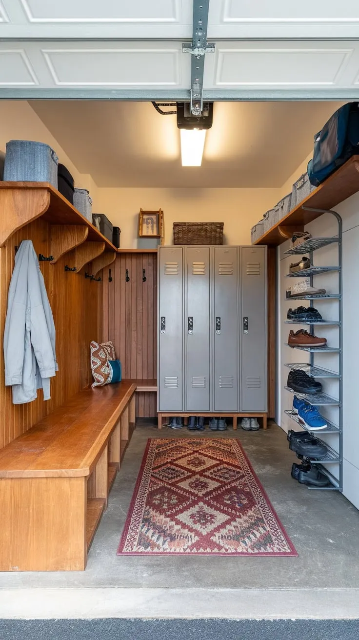 A bright, renovated garage transformed into a functional mudroom boasts ample storage with a bench, lockers, shoe rack, and coat rack, all enhanced by a patterned rug.