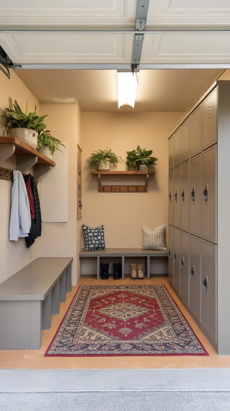 This garage entryway makeover features a functional mudroom design including built-in storage and decorative elements for a welcoming and organized space.