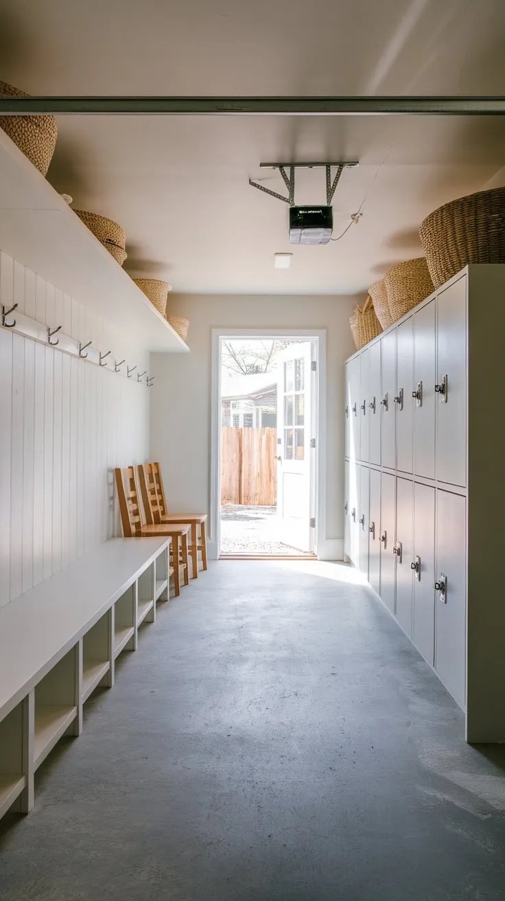 A functional and stylish mudroom replaces a garage entryway, boasting concrete floors, white walls, ample storage, and comfortable seating.