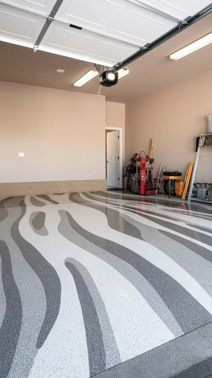 Sleek grey and white epoxy swirls elevate a beige-walled garage, creating a stylish and functional space for tools and equipment.