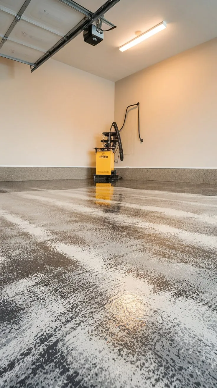 A stunning gray, white, and black epoxy floor coating instantly upgrades your garage with a textured industrial design.