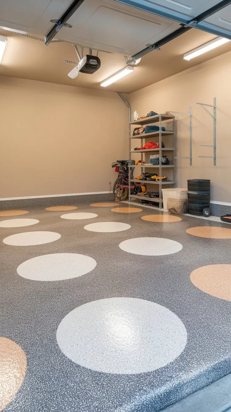 A transformed garage features a durable epoxy floor in gray with a unique circular pattern, complemented by organized storage and bright lighting.