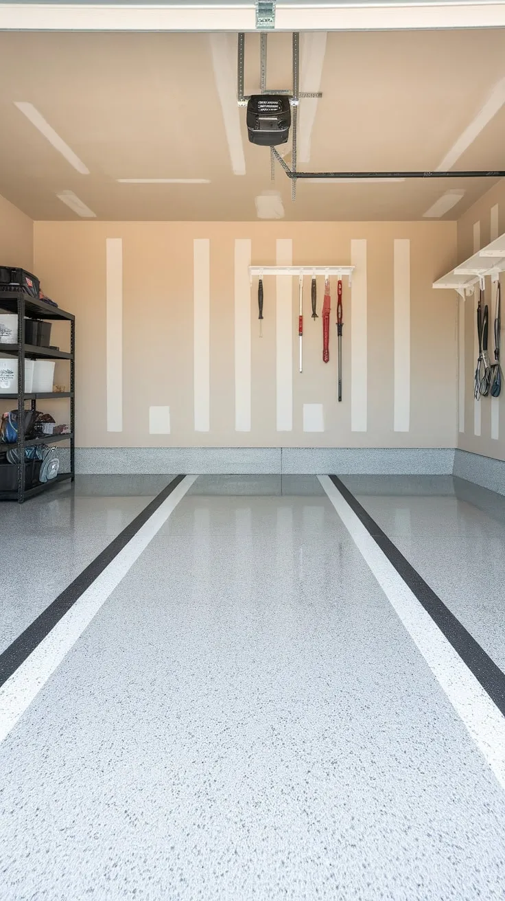 Transform your garage into a sleek, professional space with a durable, DIY epoxy floor featuring a stylish light grey, white, and black speckled finish