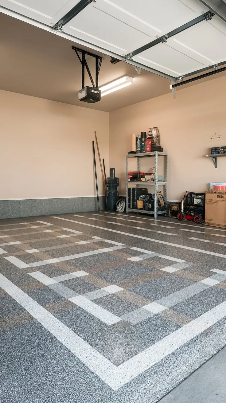 A sleek epoxy floor with a stylish white and gray checkered pattern transforms this beige-walled garage into a functional and attractive workspace.