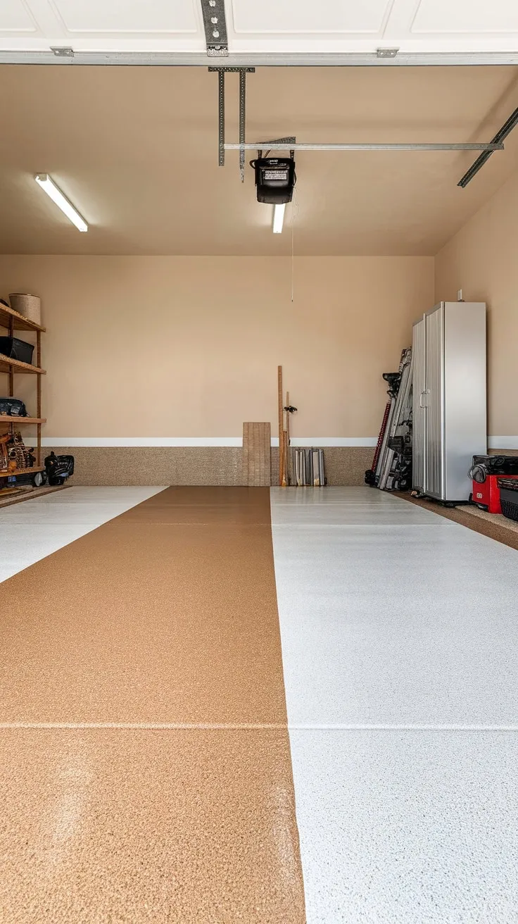 Durable beige and white epoxy transforms a cluttered garage into a stylish and functional space with its textured finish.