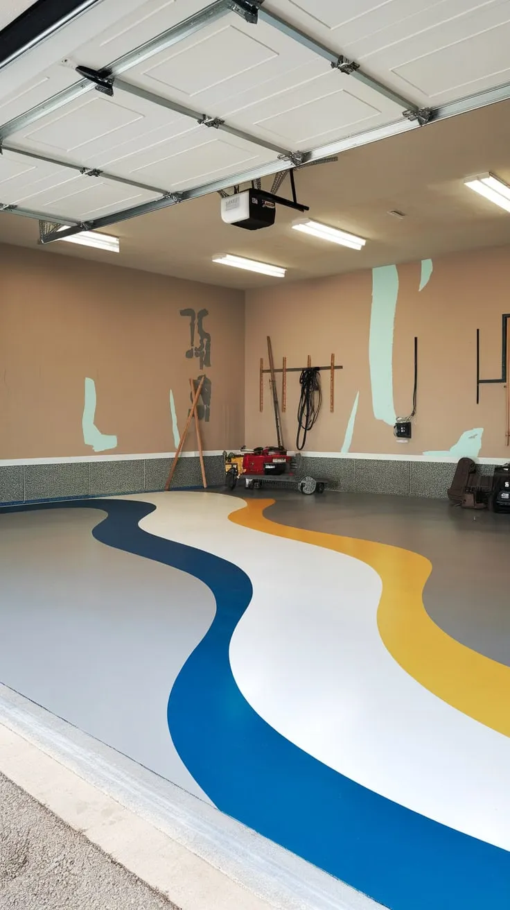 A light gray epoxy floor with a white, blue, and yellow wave design upgrades a simple garage.