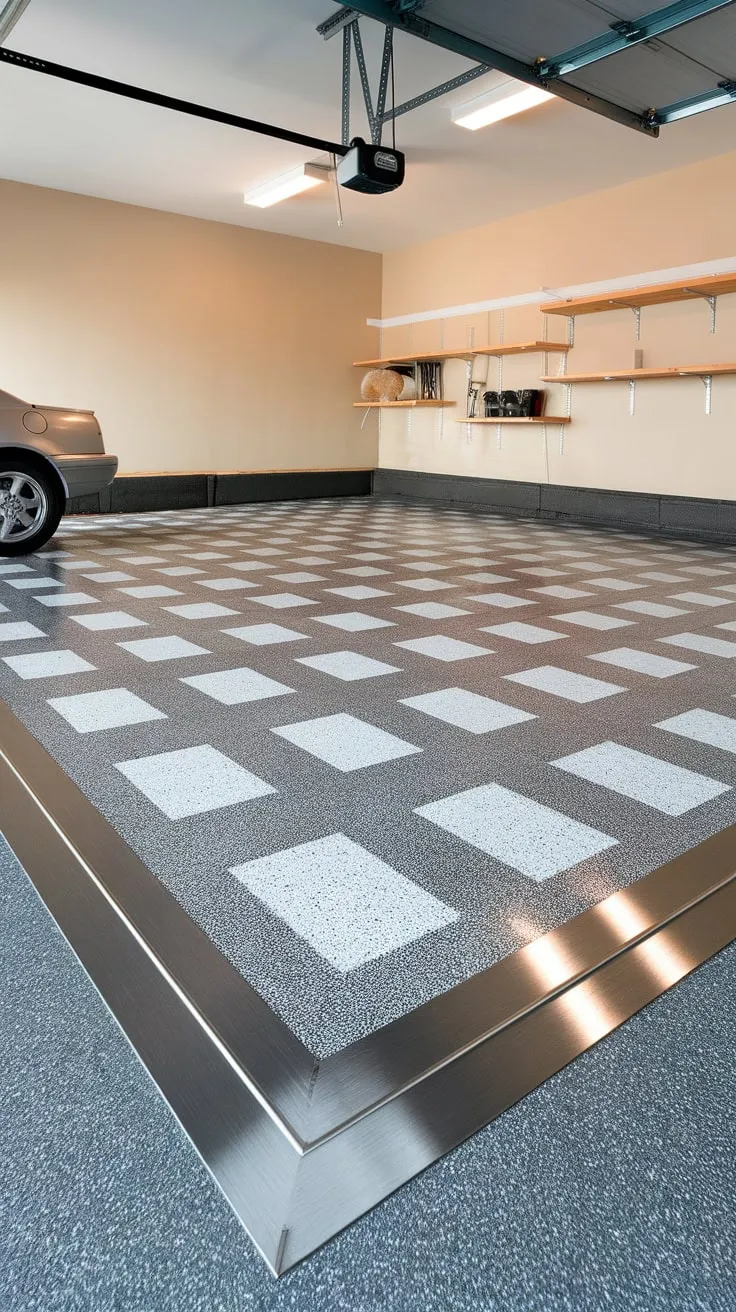 A stunning epoxy floor upgrade instantly elevates your garage, showcasing a durable, glossy checkered design with metallic trim.