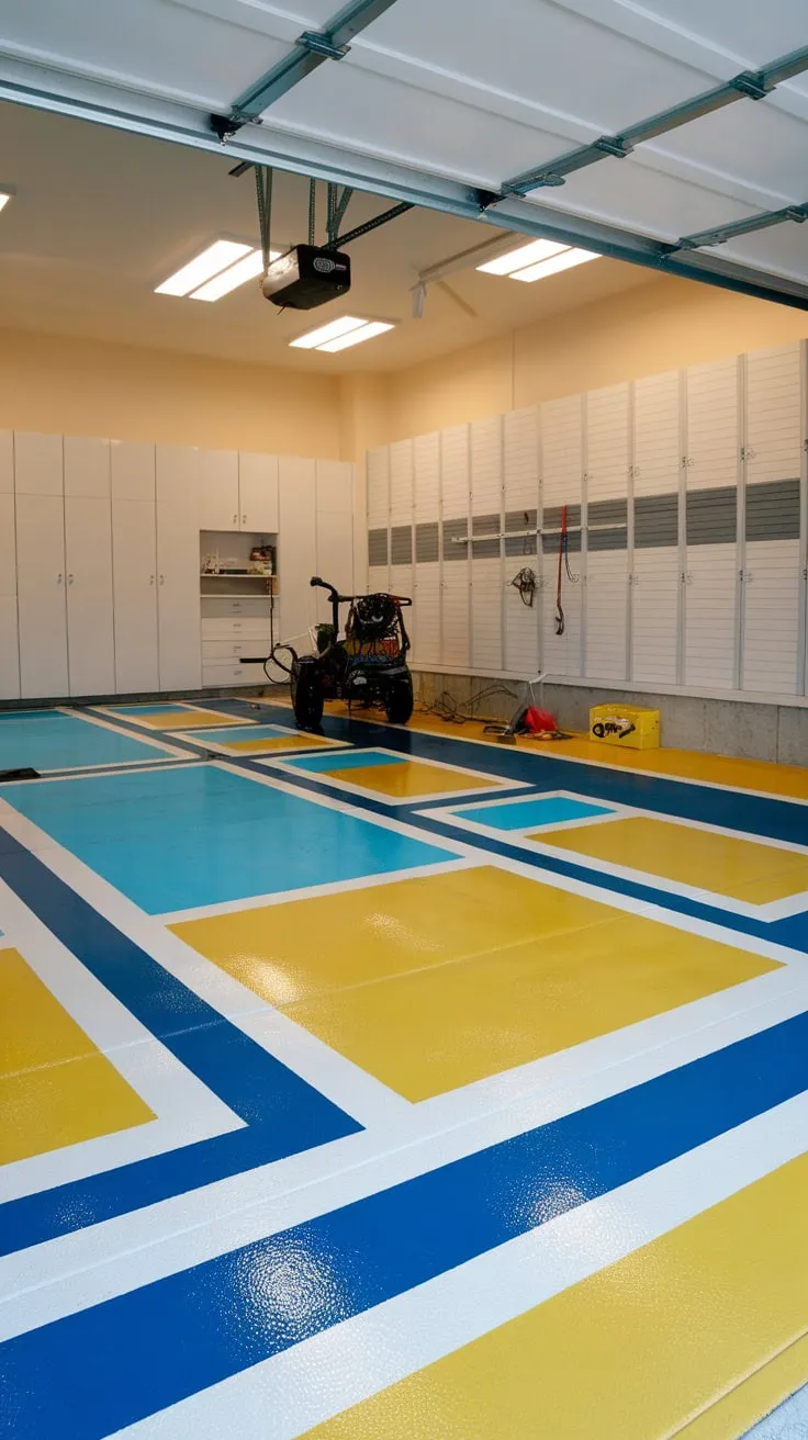 A stunning epoxy floor transforms this well-organized garage into a functional and attractive workspace.