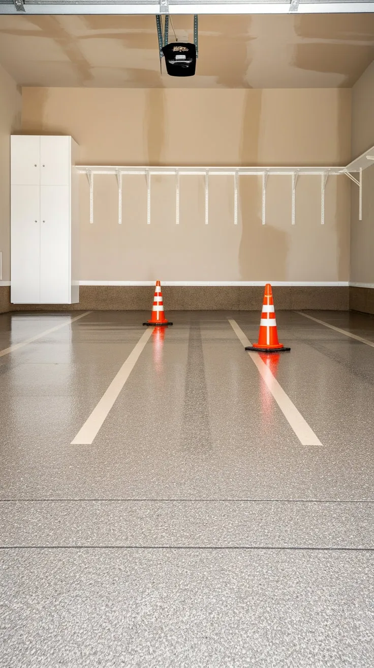 A fresh gray epoxy floor with white and beige flecks instantly upgrades your garage, creating a clean and functional workspace.