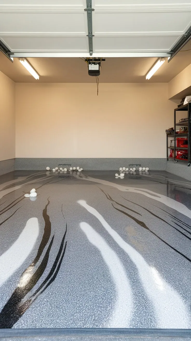 Stylish epoxy flooring elevates a cluttered garage into a clean, organized space with a sophisticated grey, black, and white design.