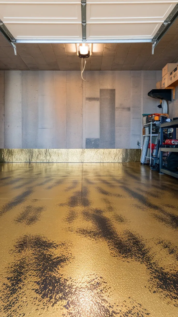 Durable epoxy flawlessly coats a concrete garage floor, creating a sleek, industrial aesthetic with only minor blemishes.