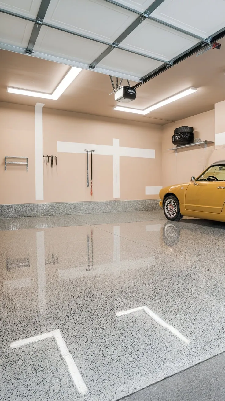A durable and attractive epoxy floor coating elevates your garage from drab to fab, showcasing a marble-like design in shades of gray and white.