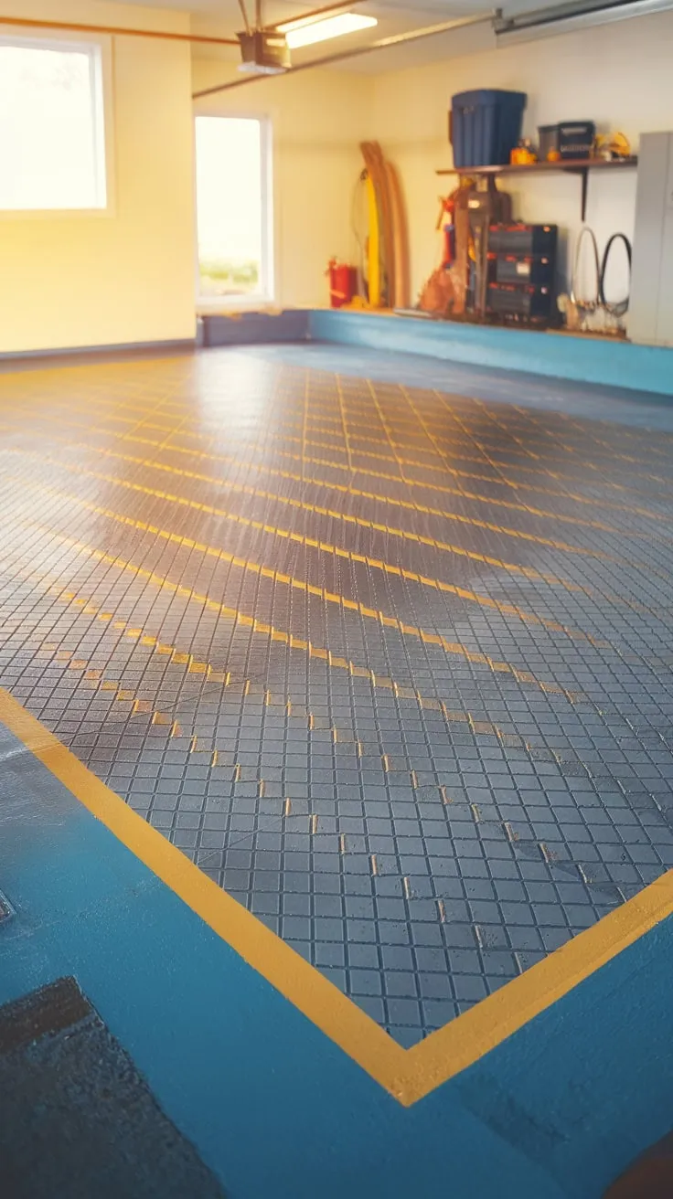A warm, inviting garage floor is achieved with a durable, glossy epoxy coating featuring a striking diamond pattern and contrasting border.