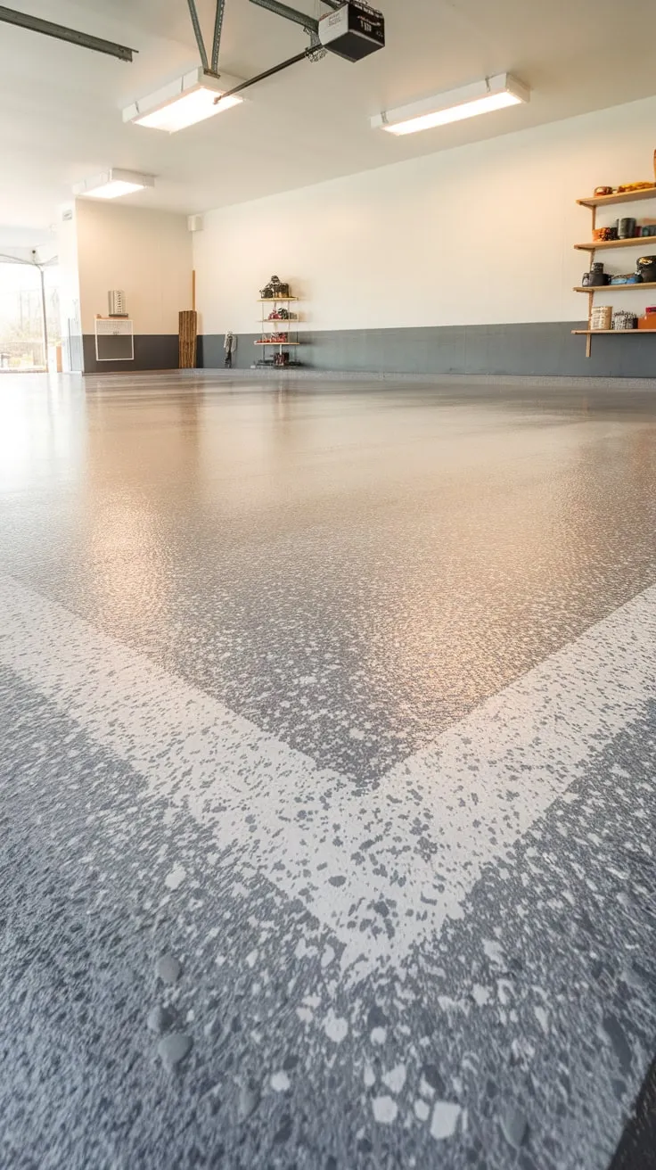A durable, attractive epoxy coating elevates your garage floor with a textured, non-slip surface in a speckled grey design.