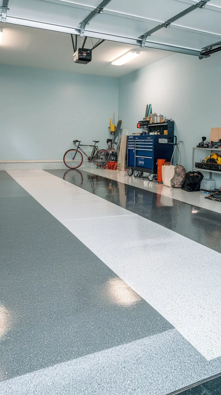 Bright lighting illuminates a newly epoxy-coated garage floor, its grey and white speckled finish gleaming under a variety of tools and equipment.