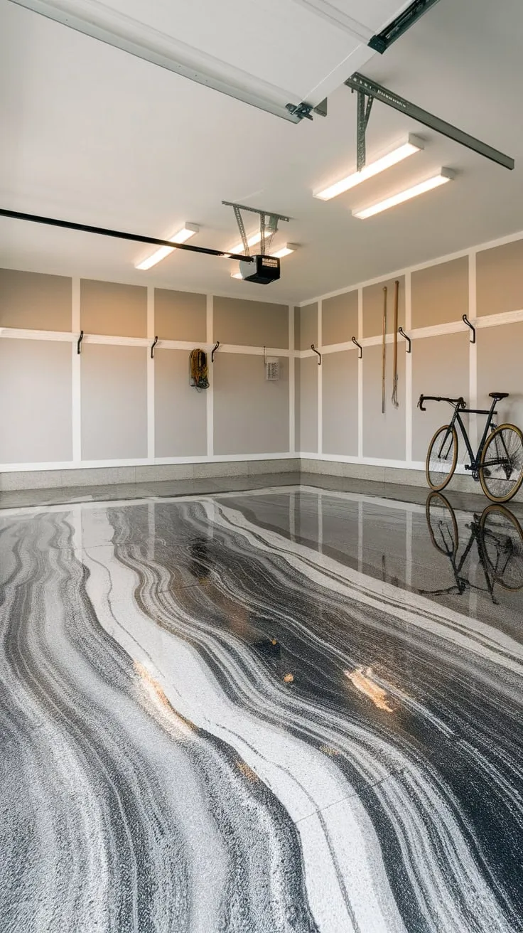 Transform your garage into a sleek workspace with a stunning marbled grey, white, and black epoxy floor coating.