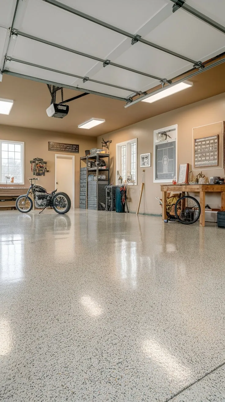 A stunning epoxy coating elevates your garage floor, creating a beautiful and protective surface amidst your tools and equipment.