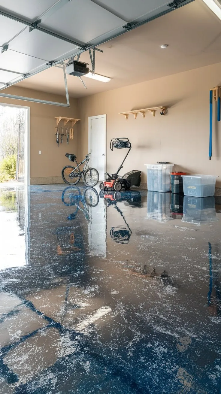 Transform your garage into a stunning workspace with a deep blue epoxy floor featuring silver and white specks