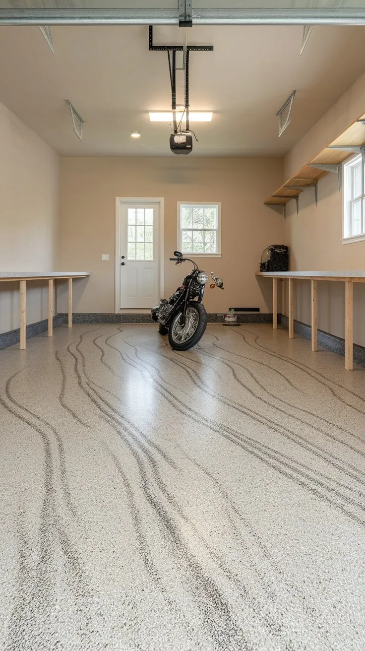 Transform your garage with a durable, stylish epoxy floor featuring a textured, sand-like finish and subtle color variations.