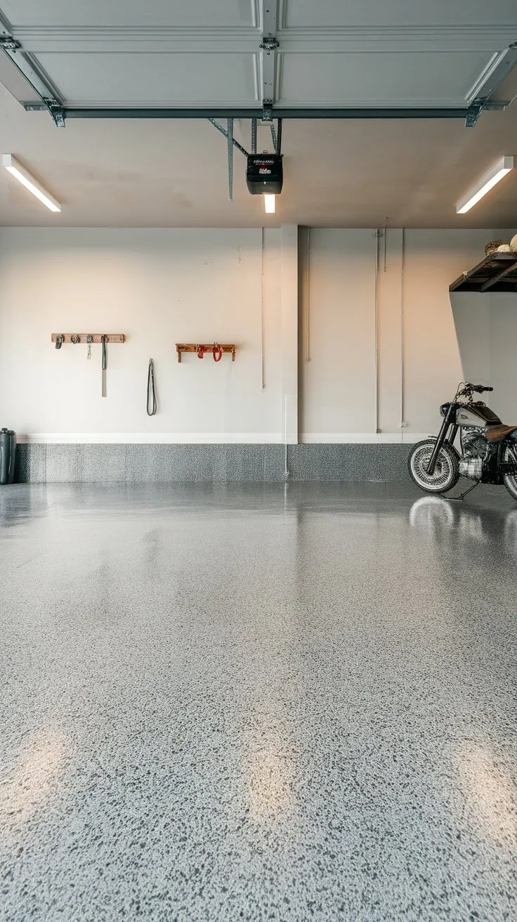 A textured grey epoxy floor, though slightly chipped, provides a resilient and organized workspace for tools and a motorcycle in a bright garage.