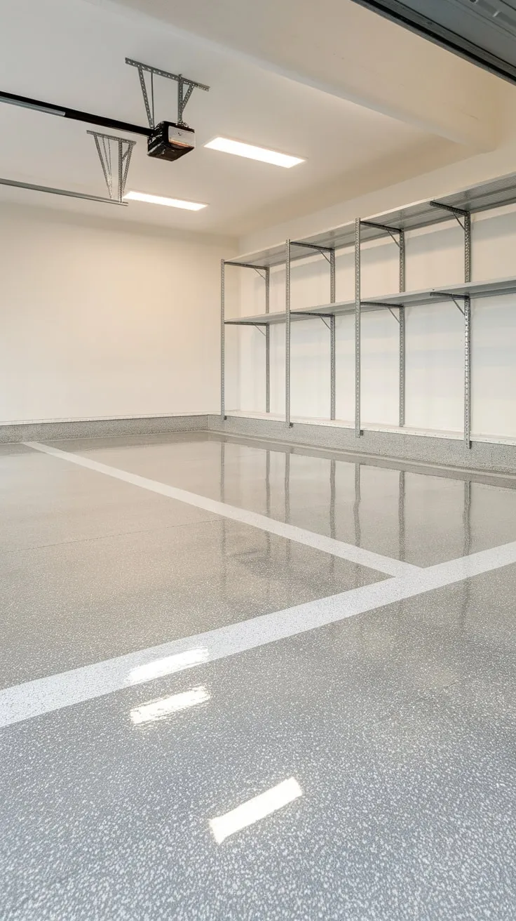 Minor imperfections aside, the glossy epoxy floor transforms the garage into a stylish and functional space.