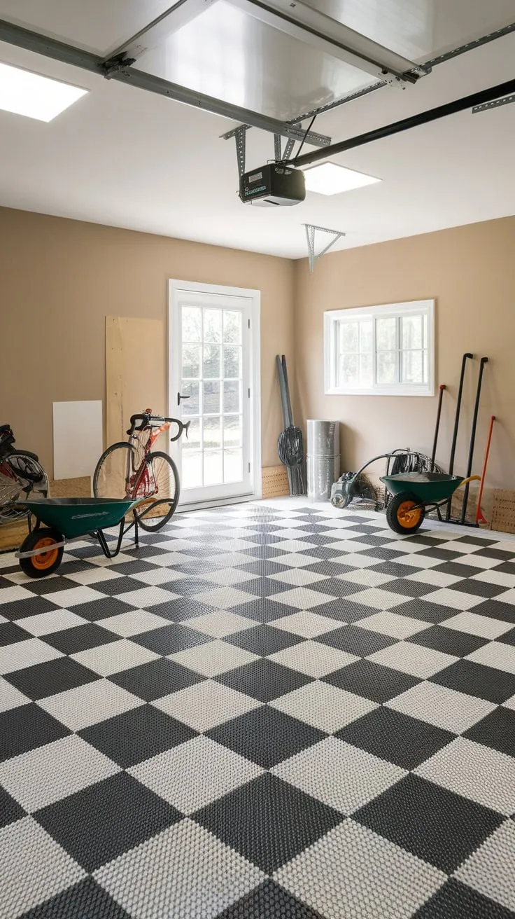 Durable epoxy coating elevates this garage's appearance, creating a stylish and functional workspace.