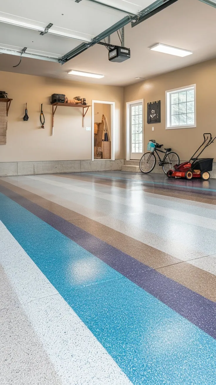 A glossy, speckled blue, white, and gray epoxy floor instantly upgrades your garage from cluttered space to organized haven.
