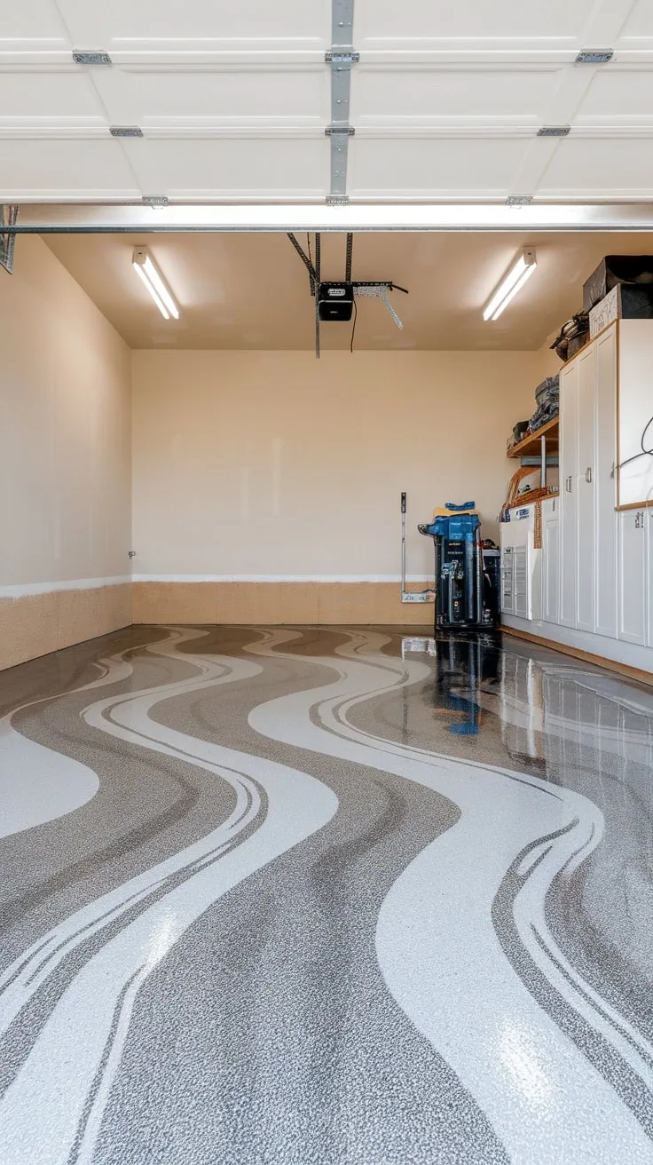 Durable gray and white epoxy transforms a cluttered garage into a sleek, functional space.
