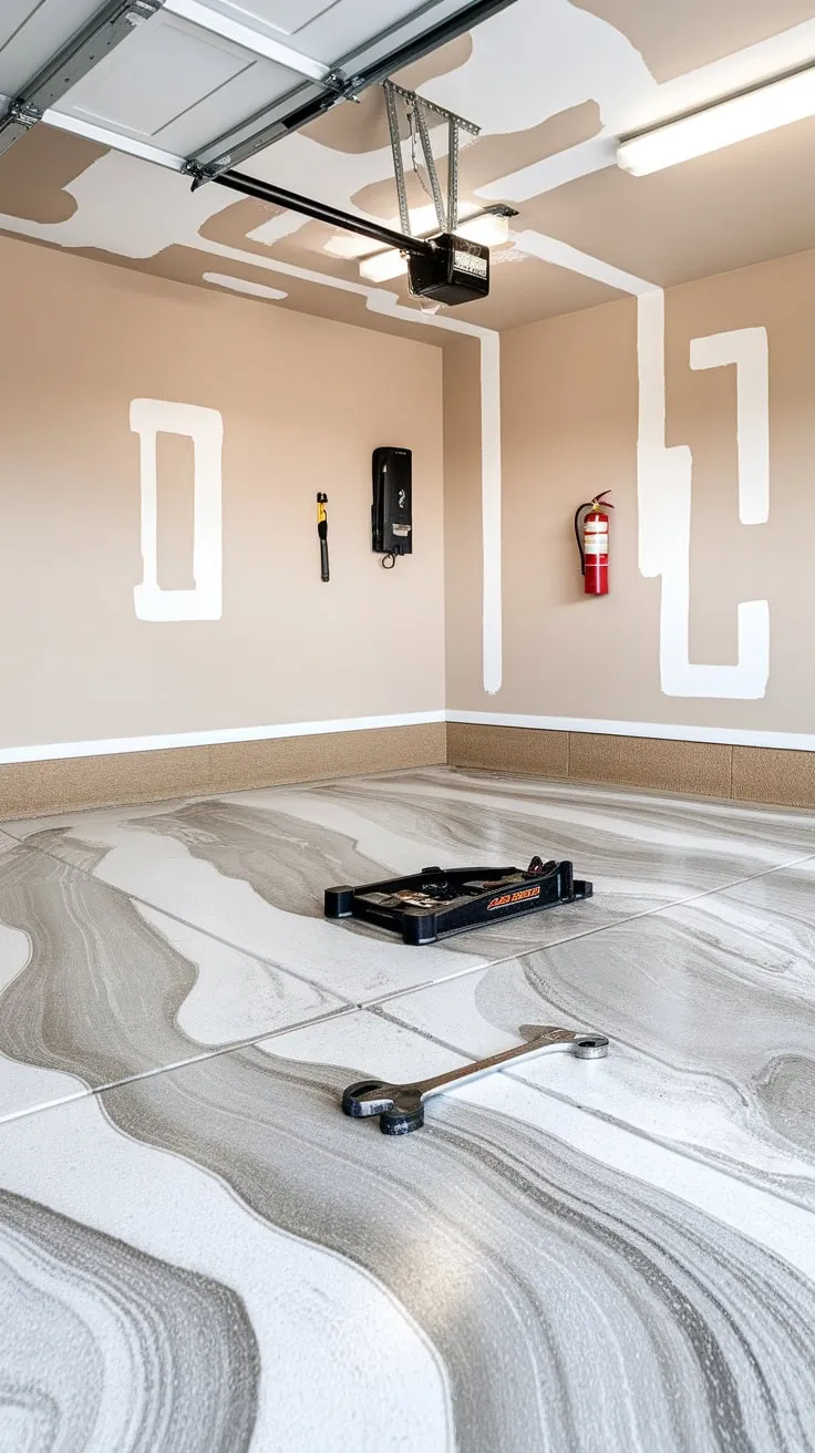 Transform your garage into a sleek workspace with a stunning epoxy floor featuring a marble swirl design, ready for action.