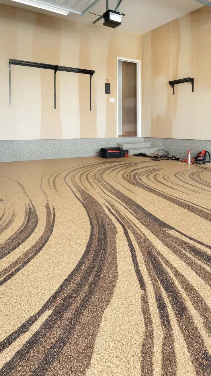 A textured epoxy coating transforms a beige garage floor into a stylish, swirled masterpiece, showcasing tools amidst dark brown and black accents