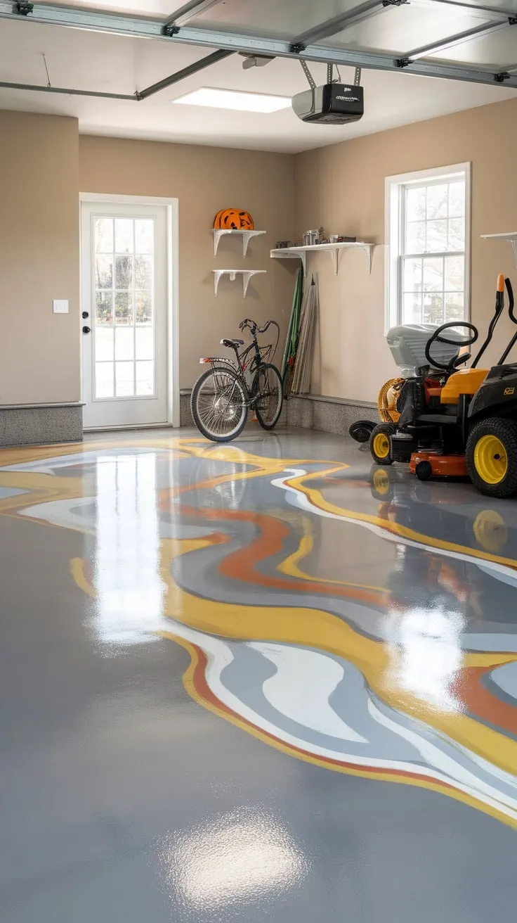 A gray, orange, and yellow epoxy floor adds a splash of color and shine to a well-organized garage.