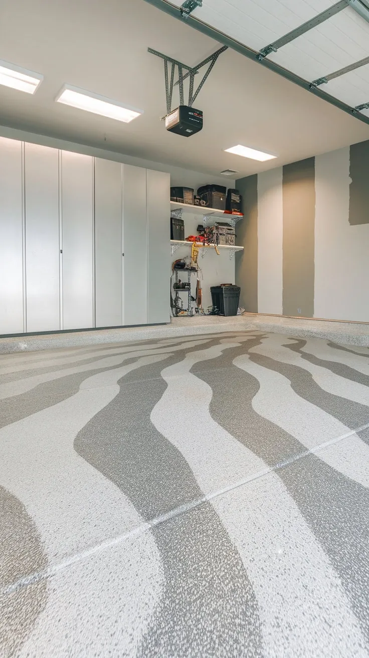 A DIY epoxy coating transforms a cluttered garage into a clean, stylish space with a textured light and dark grey swirl floor.