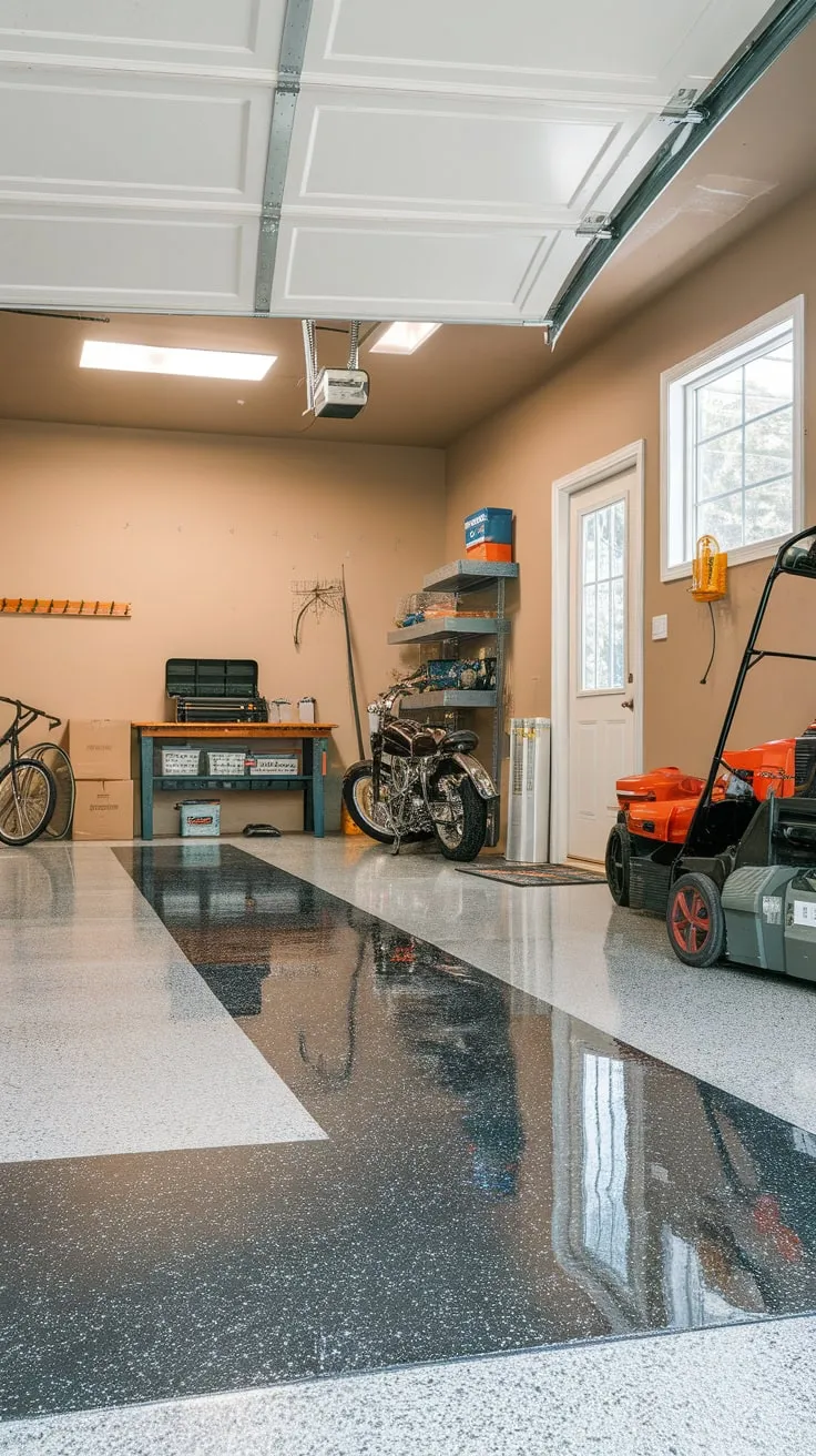 A durable, speckled gray epoxy floor provides a clean, organized look to a well-equipped garage, hinting at a life of active hobbies.