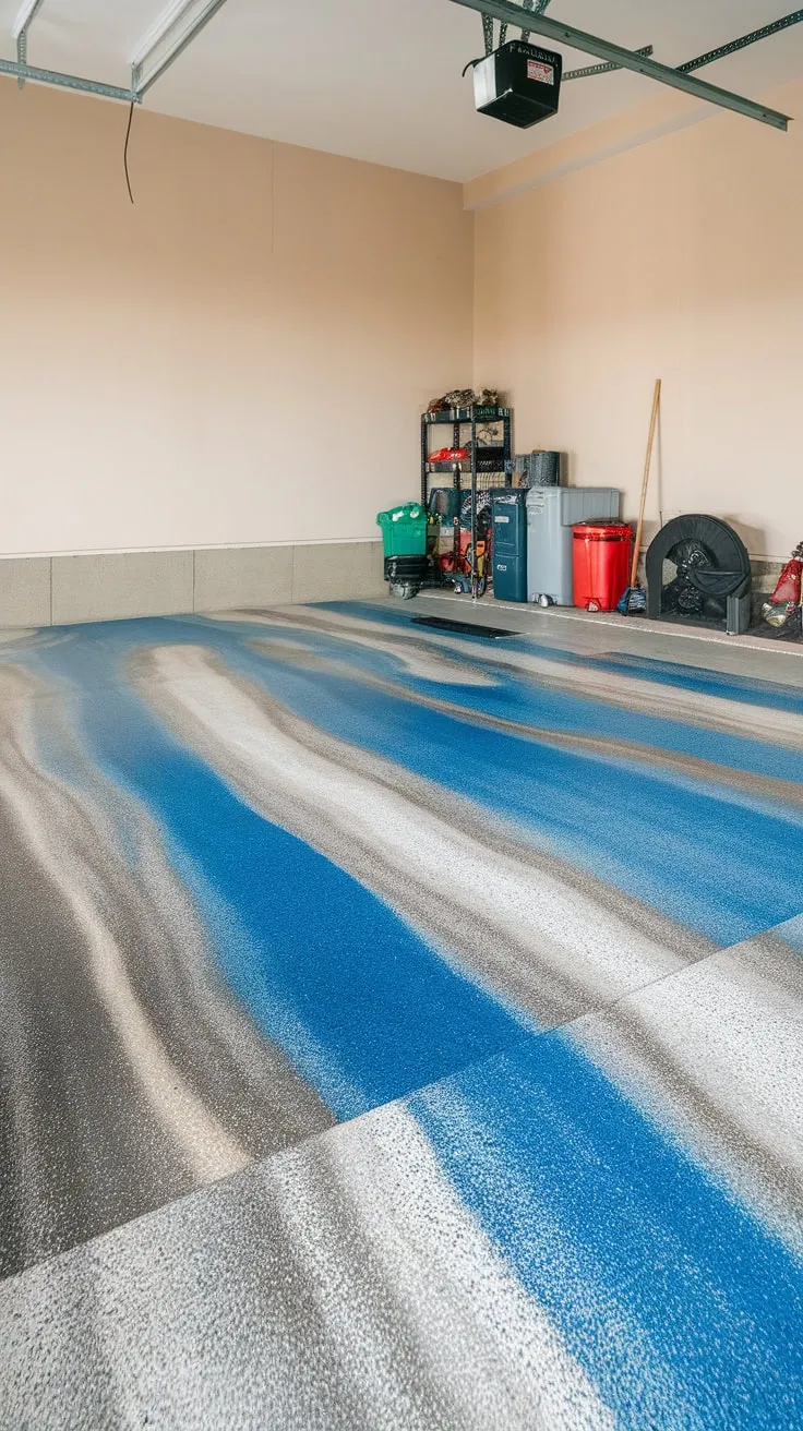 A vibrant epoxy-coated garage floor with swirling blue, white, and gray textures provides a durable and stylish backdrop for tools and equipment.