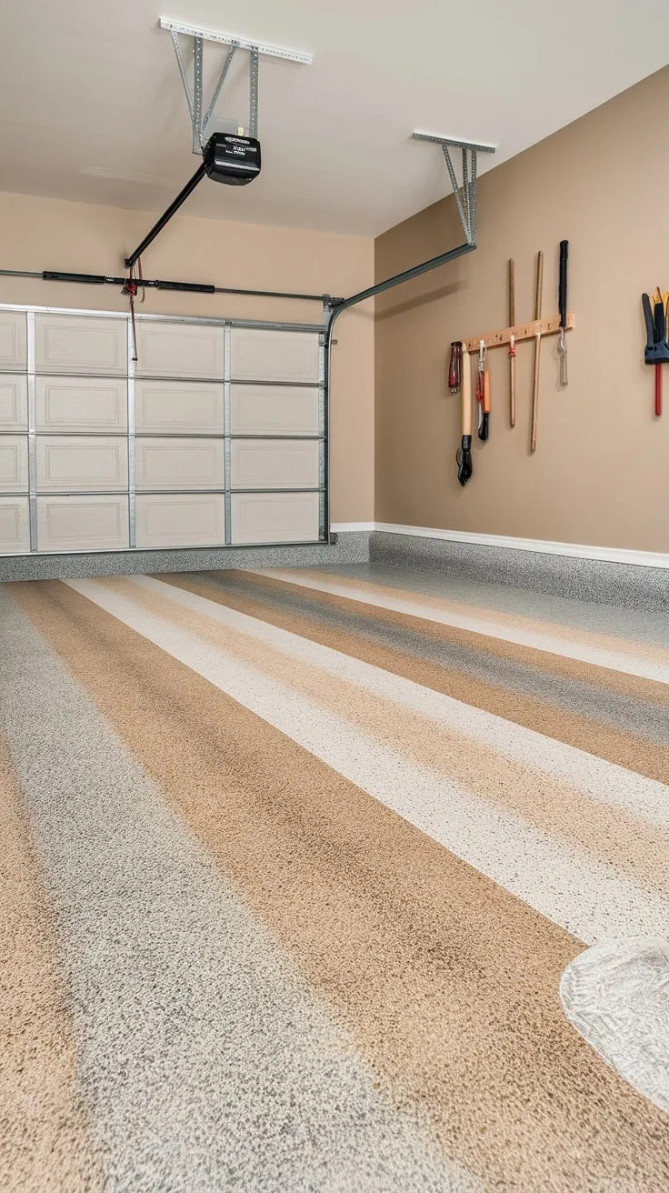 A newly epoxy-coated garage floor boasts a stylish textured gray, beige, and white speckled finish, ready for action.