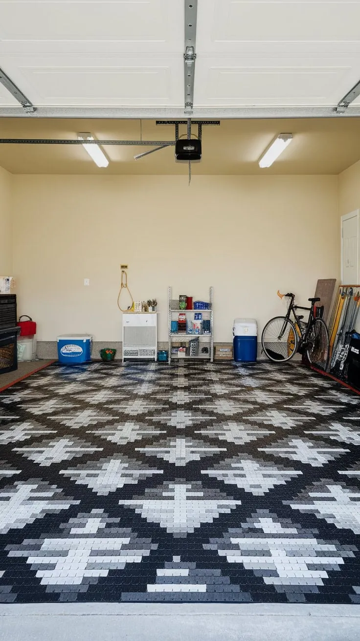 A checkered epoxy floor coating elevates a cluttered garage, turning it into an organized and visually appealing space.