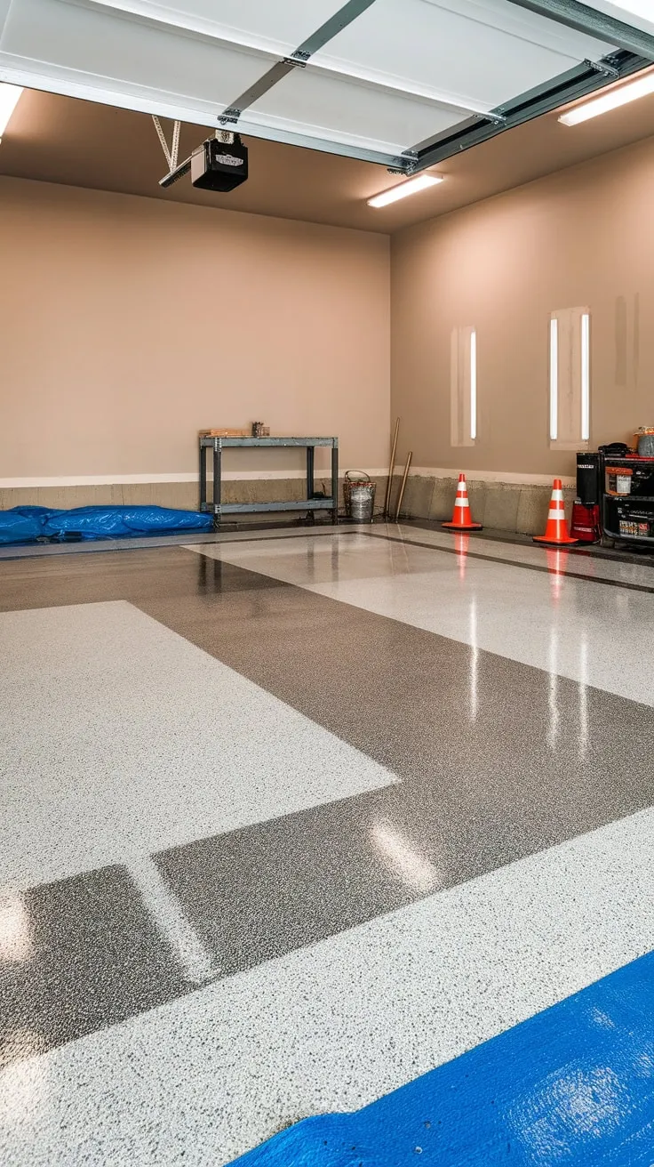 A freshly painted grey and white speckled epoxy garage floor, textured for grip, awaits projects amidst tools and workbenches
