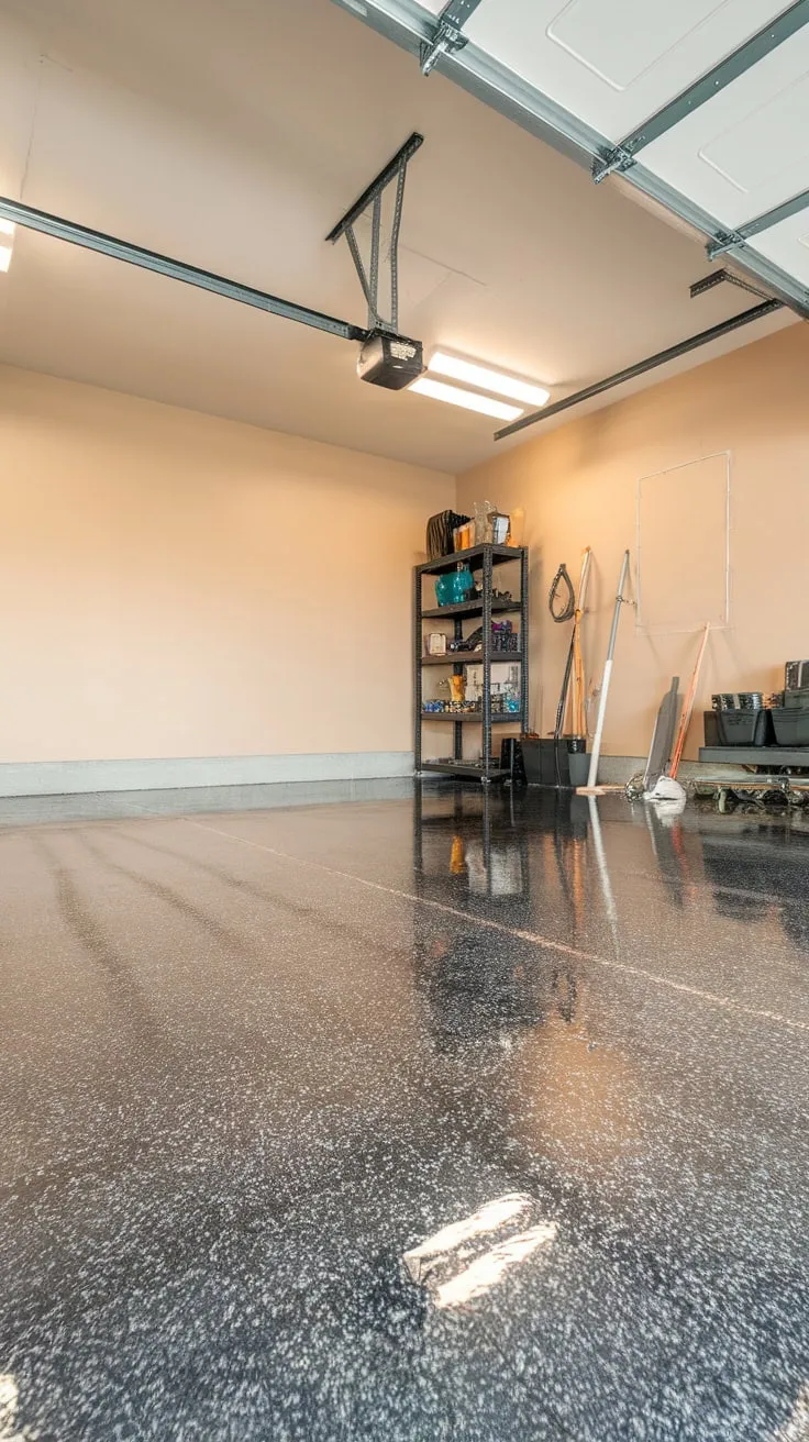 Sleek silver-speckled dark gray epoxy elevates a cluttered garage, its textured finish a striking contrast to the beige walls.