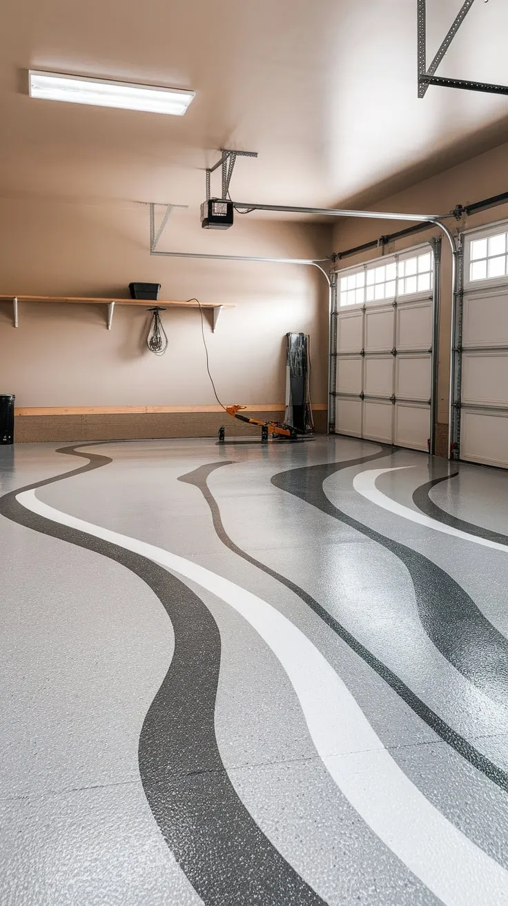 A stunning light gray, black, and white epoxy floor coating elevates a cluttered garage, its swirling design a vibrant contrast to the beige walls and practical storage.