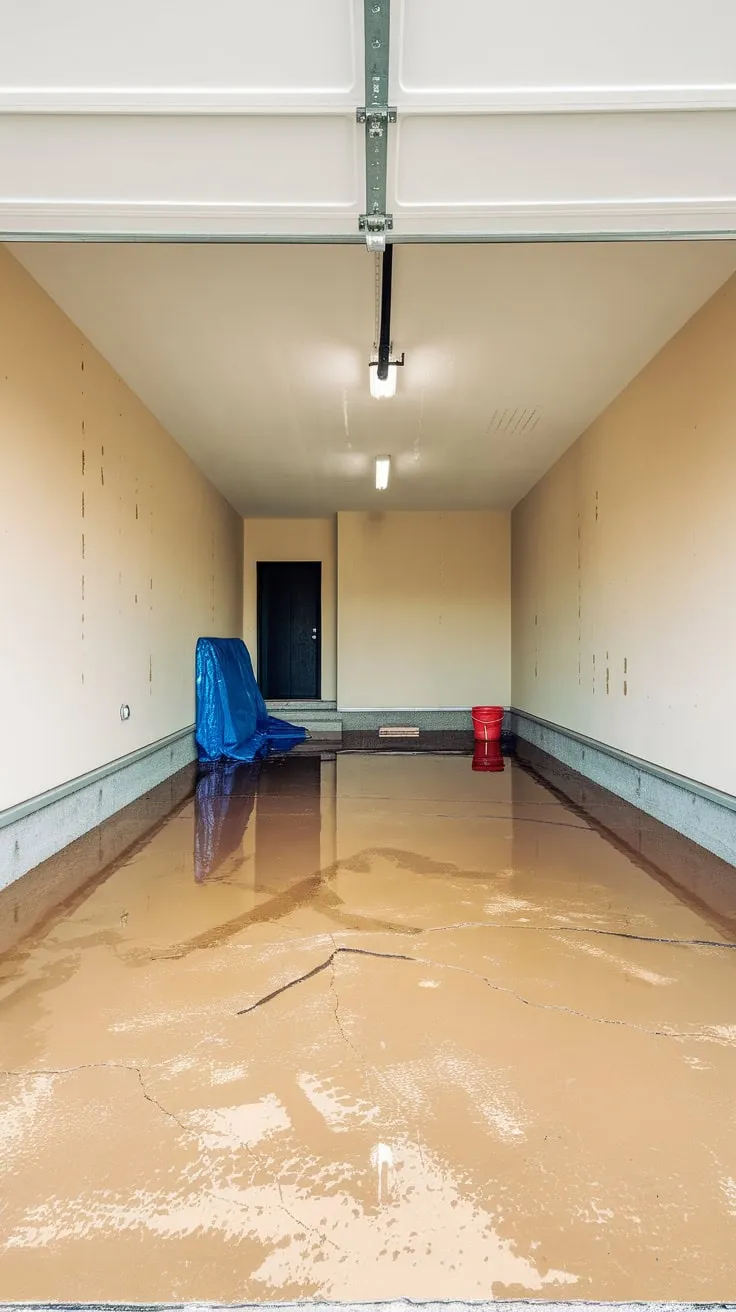 Bright lighting illuminates a beige-walled garage with a slightly flawed yet appealing beige epoxy floor.
