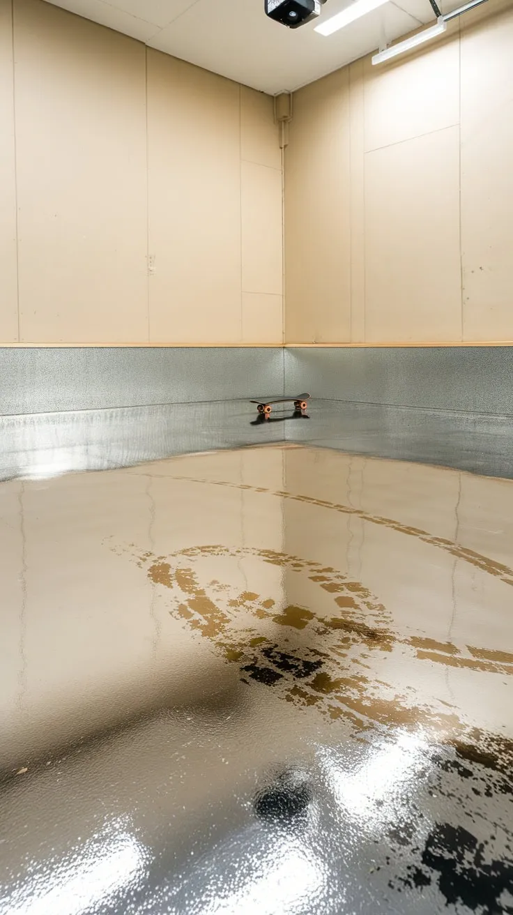A metallic silver epoxy garage floor gleams under bright lights, showcasing subtle tire marks and a lone skateboard.