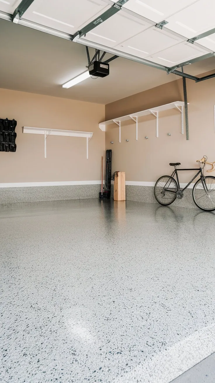 A textured light grey epoxy floor coating with black and white speckles transforms this garage, showcasing tools, a bike, and beige walls.