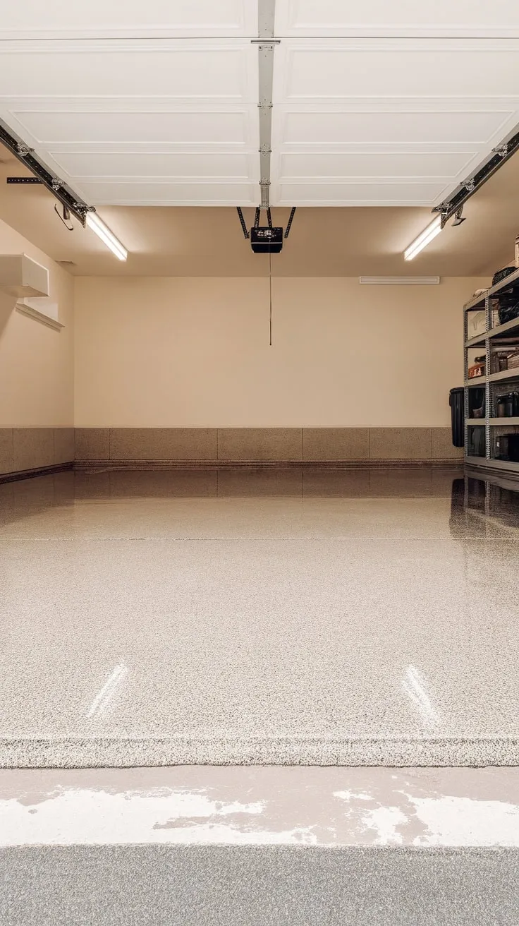 A clean, lightly chipped epoxy floor brightens this well-maintained garage.