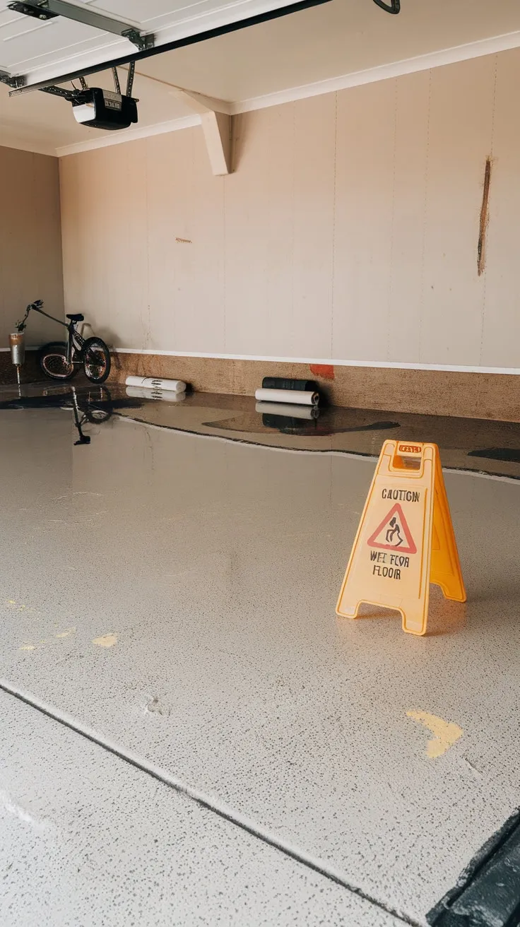 Imperfect yet practical, a light gray epoxy floor brightens the cluttered garage, a caution sign highlighting potential hazards.