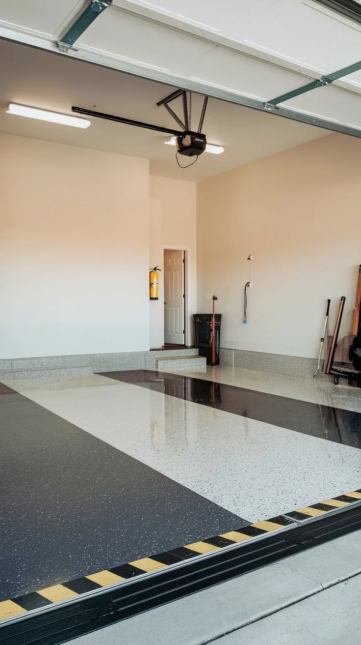 A freshly coated dark grey epoxy garage floor with white and beige speckles, accented by a yellow caution stripe, provides a clean and safe workspace.
