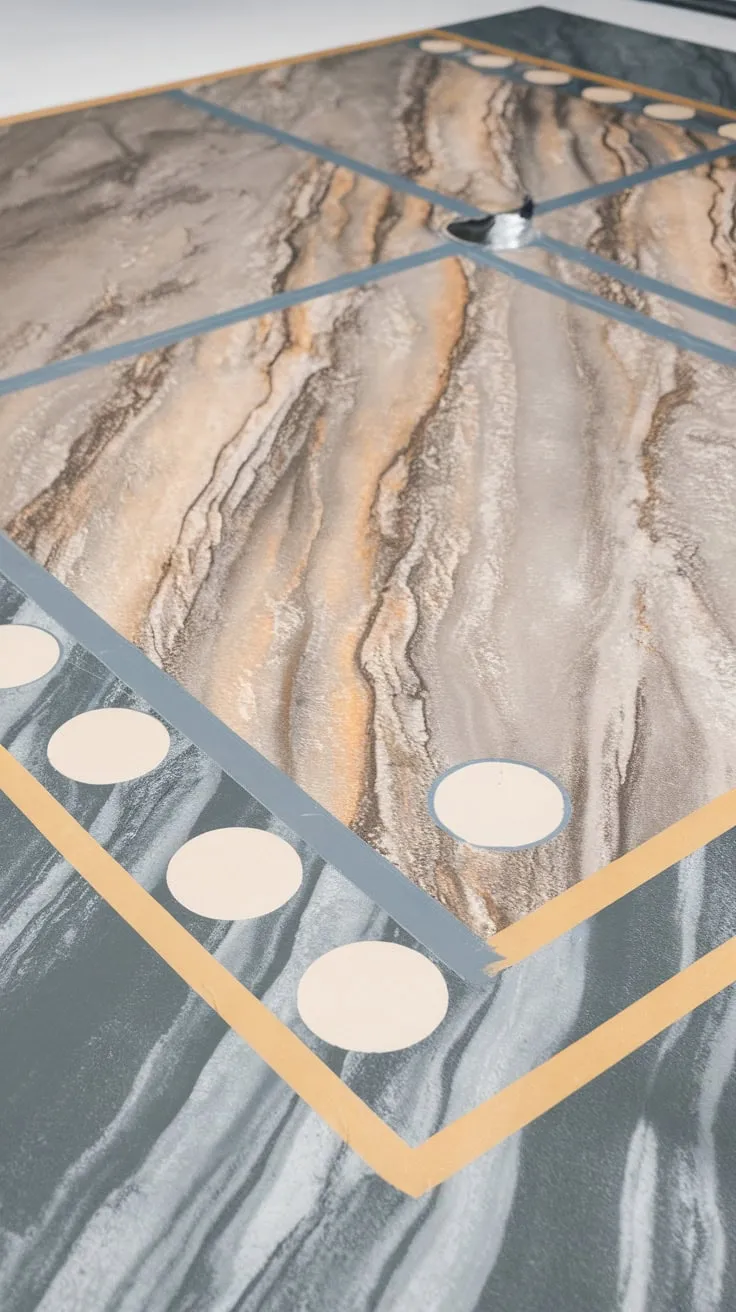A DIY epoxy coating transforms a garage floor into a stunning, textured marble-like masterpiece in gray, beige, and white
