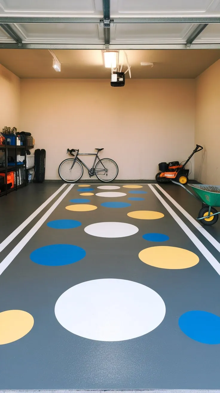 Vibrant epoxy coating transforms a drab garage floor into a cheerful workspace with grey, white, blue, and yellow accents.