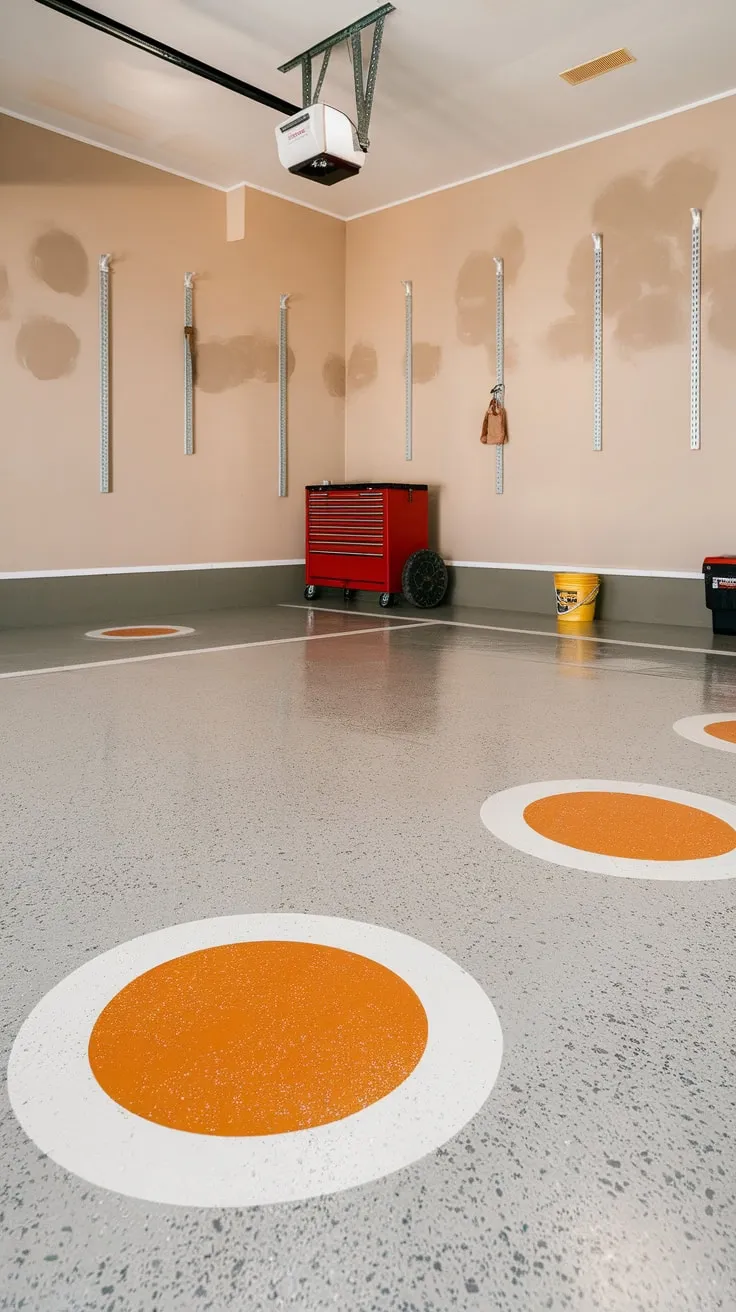 A freshly coated epoxy garage floor in light grey and white, accented with orange circles, showcases a tidy workspace with colorful tools.