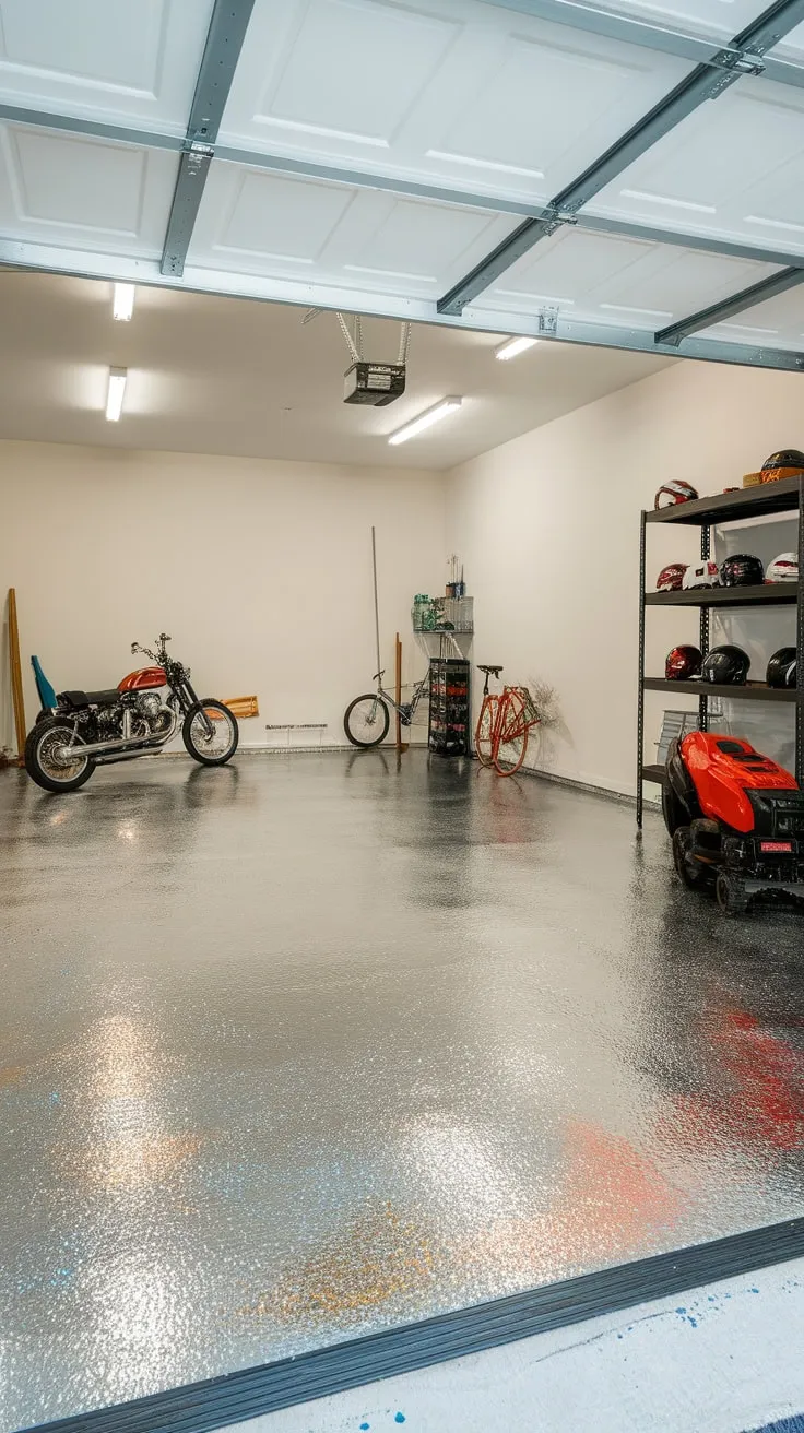 A metallic silver epoxy floor coating with gold, blue, and red sparkles transforms a cluttered garage into a showroom-worthy space